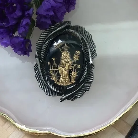 Vintage Gold Oriental Black Enamel Brooch Pin - Picture 2 of 7